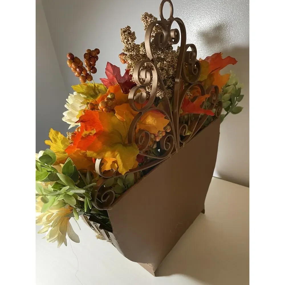 Fall Flower Arrangement In Large Upcycled Metal Hanging Basket Copper Painted